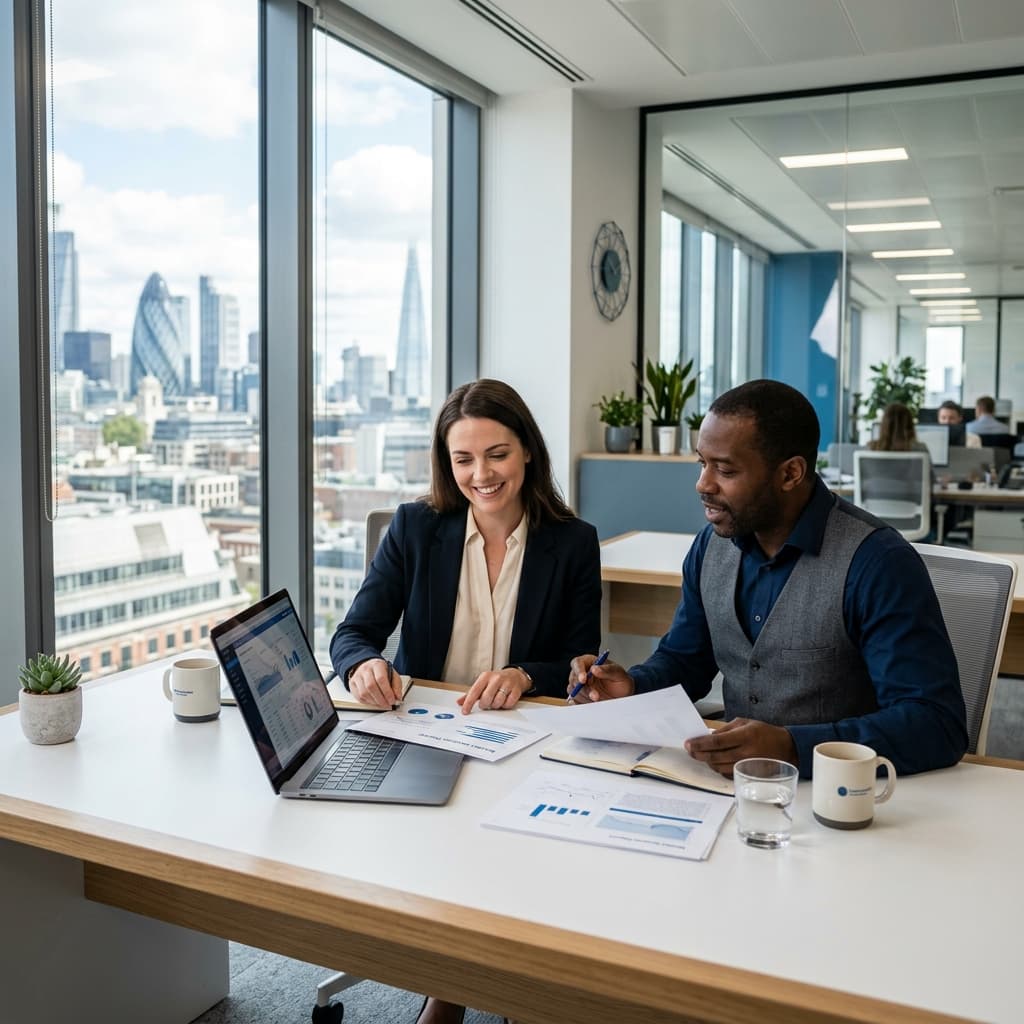 Business professionals collaborating in a modern London office