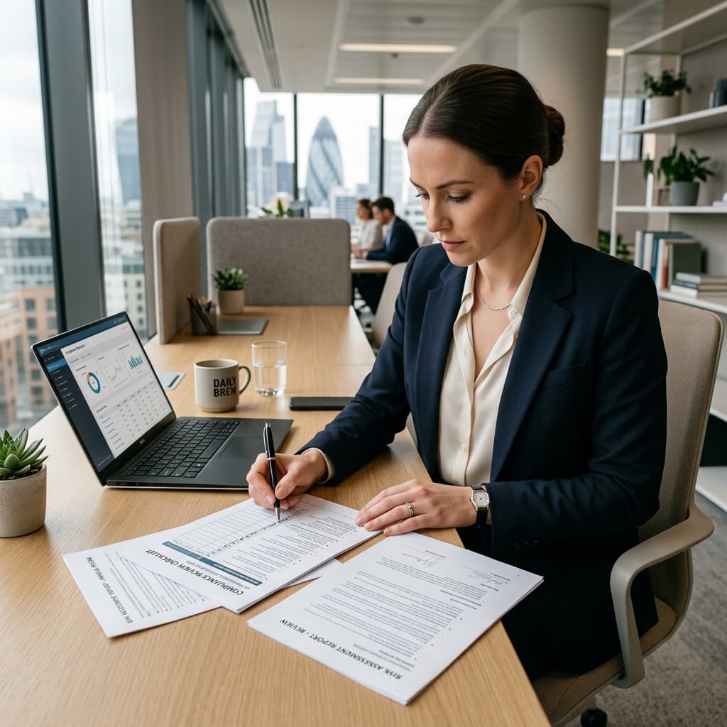 Business professional reviewing compliance documents