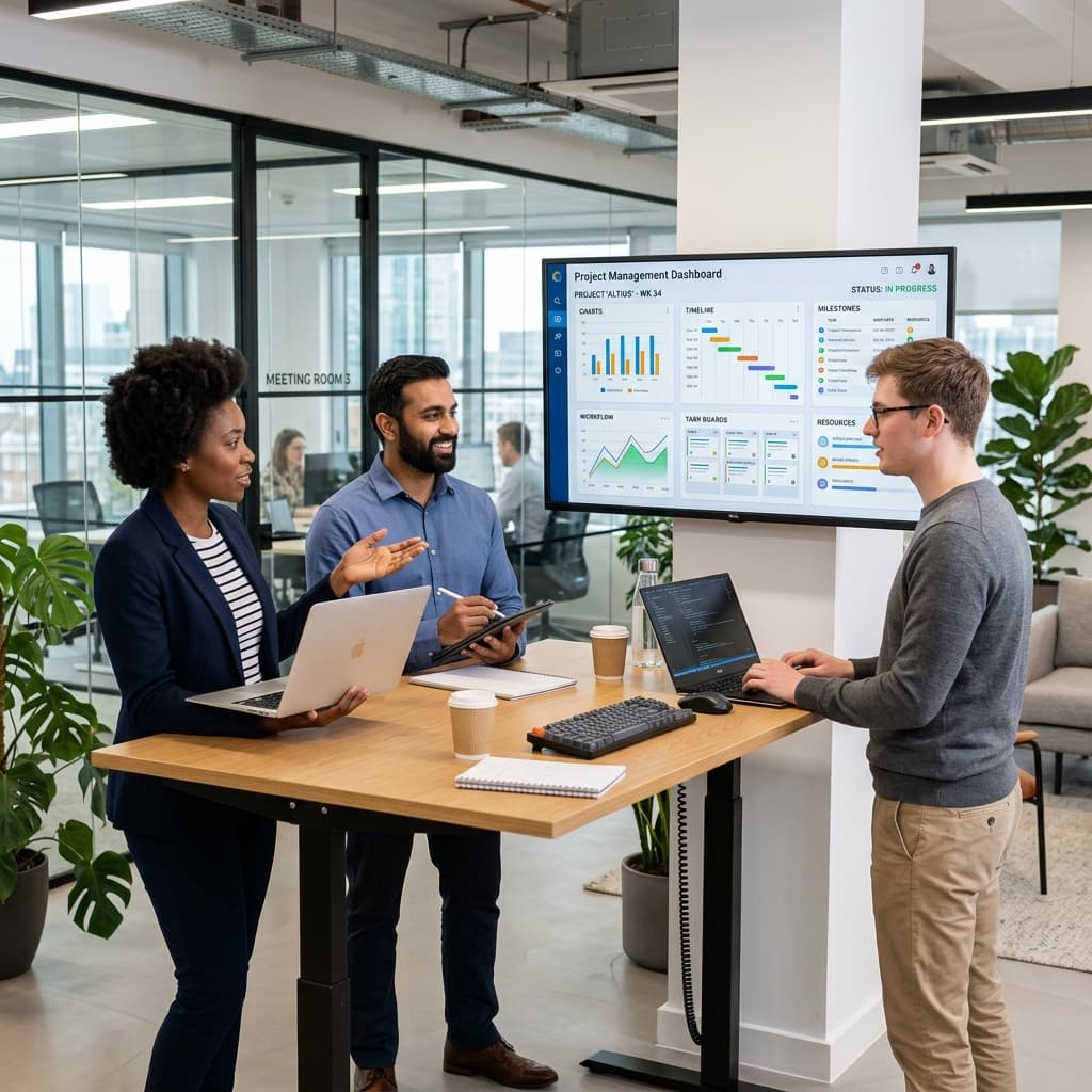Team collaborating with project management dashboard